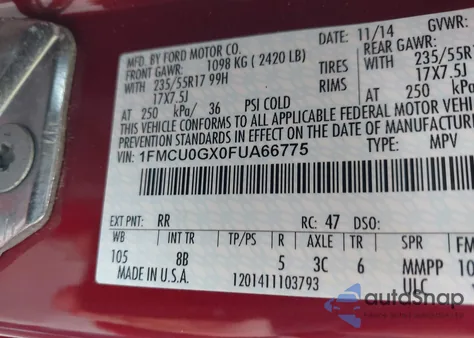 2015 Ford Escape Se z USA, uszkodzony, nr VIN 1FMCU0GX0FUA66775